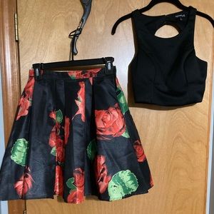 Two Piece Black/Red Floral Formal Dress